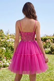 Fuchsia A Line Spaghetti Straps Short Cocktail Dress with 3D Flowers