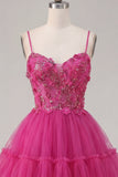 Fuchsia A Line Spaghetti Straps Short Cocktail Dress with 3D Flowers