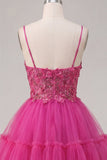Fuchsia A Line Spaghetti Straps Short Cocktail Dress with 3D Flowers