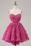 Fuchsia Strapless A Line Cut Out Beaded 3D Flowers Cocktail Dress with Sequins