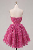 Fuchsia Strapless A Line Cut Out Beaded 3D Flowers Cocktail Dress with Sequins
