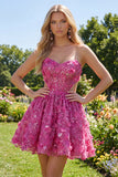Fuchsia Strapless A Line Cut Out Beaded 3D Flowers Cocktail Dress with Sequins