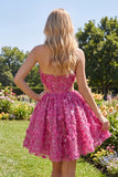 Fuchsia Strapless A Line Cut Out Beaded 3D Flowers Cocktail Dress with Sequins
