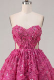 Fuchsia Strapless A Line Cut Out Beaded 3D Flowers Cocktail Dress with Sequins