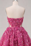 Fuchsia Strapless A Line Cut Out Beaded 3D Flowers Cocktail Dress with Sequins