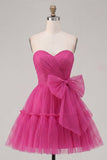 Fuchsia Sweetheart A Line Ruched Short Cocktail Dress with Bow
