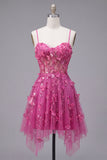 Fuchsia Sheer Corset Floral A Line Short Cocktail Dress with Lace Up Back