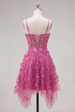 Fuchsia Sheer Corset Floral A Line Short Cocktail Dress with Lace Up Back