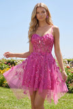 Fuchsia Sheer Corset Floral A Line Short Cocktail Dress with Lace Up Back