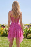 Fuchsia Sheer Corset Floral A Line Short Cocktail Dress with Lace Up Back