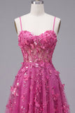 Fuchsia Sheer Corset Floral A Line Short Cocktail Dress with Lace Up Back