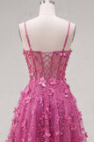 Fuchsia Sheer Corset Floral A Line Short Cocktail Dress with Lace Up Back