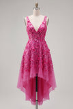 Fuchsia Floral A Line V-Neck High Low Cocktail Dress with Sequins