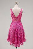 Fuchsia Floral A Line V-Neck High Low Cocktail Dress with Sequins
