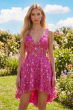 Fuchsia Floral A Line V-Neck High Low Cocktail Dress with Sequins