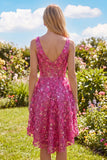 Fuchsia Floral A Line V-Neck High Low Cocktail Dress with Sequins