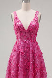 Fuchsia Floral A Line V-Neck High Low Cocktail Dress with Sequins