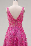 Fuchsia Floral A Line V-Neck High Low Cocktail Dress with Sequins