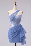 Grey Blue One Shoulder Corset Bodycon Short Cocktail Dress with Sash
