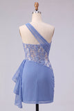 Grey Blue One Shoulder Corset Bodycon Short Cocktail Dress with Sash