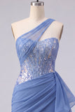 Grey Blue One Shoulder Corset Bodycon Short Cocktail Dress with Sash