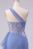 Grey Blue One Shoulder Corset Bodycon Short Cocktail Dress with Sash