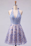Sparkly Grey Blue Halter A Line Mini Cocktail Dress with Sequins