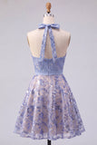 Sparkly Grey Blue Halter A Line Mini Cocktail Dress with Sequins