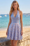 Sparkly Grey Blue Halter A Line Mini Cocktail Dress with Sequins
