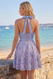Sparkly Grey Blue Halter A Line Mini Cocktail Dress with Sequins