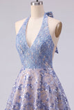 Sparkly Grey Blue Halter A Line Mini Cocktail Dress with Sequins