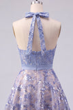 Sparkly Grey Blue Halter A Line Mini Cocktail Dress with Sequins