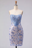 Strapless Grey Blue Basque Waist Corset Bodycon Short Cocktail Dress with Sequins