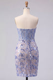 Strapless Grey Blue Basque Waist Corset Bodycon Short Cocktail Dress with Sequins