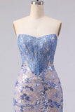 Strapless Grey Blue Basque Waist Corset Bodycon Short Cocktail Dress with Sequins