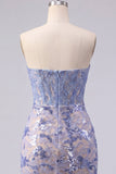 Strapless Grey Blue Basque Waist Corset Bodycon Short Cocktail Dress with Sequins