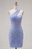 Sparkly Grey Blue Corset One Shoulder Bodycon Cocktail Dress