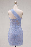 Sparkly Grey Blue Corset One Shoulder Bodycon Cocktail Dress