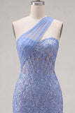 Sparkly Grey Blue Corset One Shoulder Bodycon Cocktail Dress