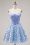Strapless Blue A Line 3D Flowers Corset Cocktail Dress