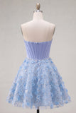 Strapless Blue A Line 3D Flowers Corset Cocktail Dress