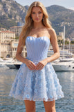 Strapless Blue A Line 3D Flowers Corset Cocktail Dress