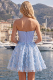 Strapless Blue A Line 3D Flowers Corset Cocktail Dress