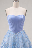 Strapless Blue A Line 3D Flowers Corset Cocktail Dress