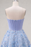Strapless Blue A Line 3D Flowers Corset Cocktail Dress