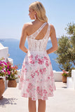 One Shoulder A Line White Fuchsia Flower Corset Cocktail Dress with Ruffles