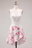 One Shoulder A Line White Fuchsia Flower Corset Cocktail Dress with Ruffles