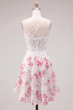 One Shoulder A Line White Fuchsia Flower Corset Cocktail Dress with Ruffles