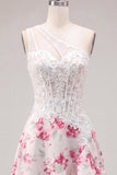 One Shoulder A Line White Fuchsia Flower Corset Cocktail Dress with Ruffles