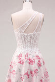 One Shoulder A Line White Fuchsia Flower Corset Cocktail Dress with Ruffles
